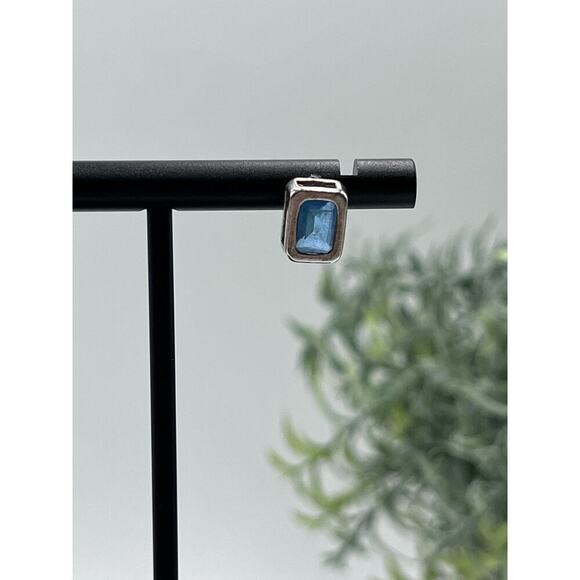 Sterling Silver Stamped 925 Rectangular Blue Stone Stud Earrings - Picture 4 of 14